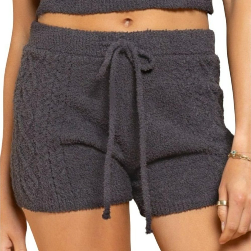 POL Cozy Drawstring Waist Cable Knit Fuzzy Shorts Grey Size Large NWT